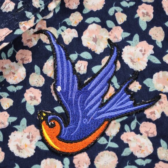 Just Junkies Mens Button Up Shirt Floral Pattern with Bird Patches OOAK - Picture 7 of 12